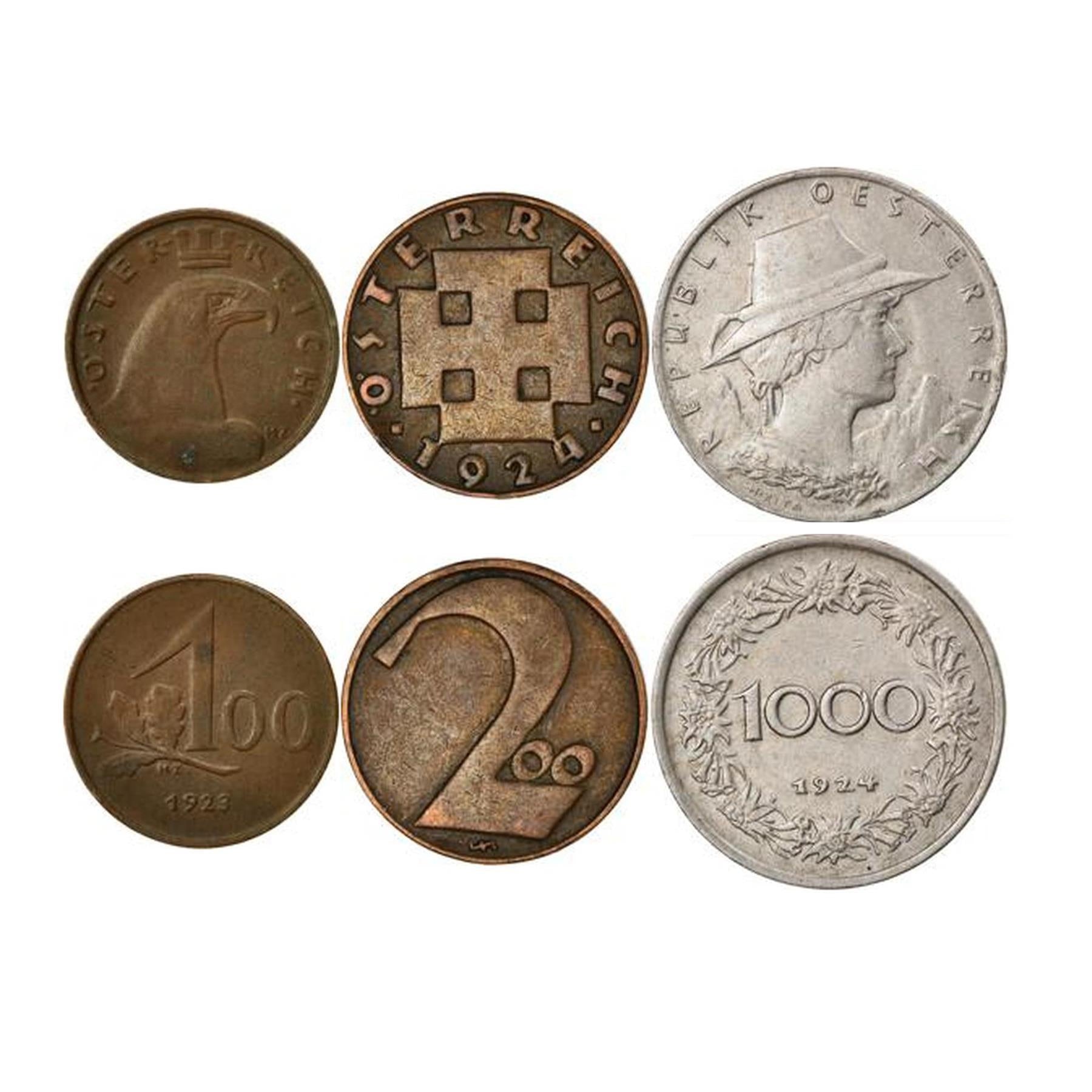 Austrija | 3 monetų rinkinys | 100 200 1000 Kronų | Karūnuotas erelis | Kryžminė potenta | Tirolės moteris | Gėlių vainikas | 1923 - 1924