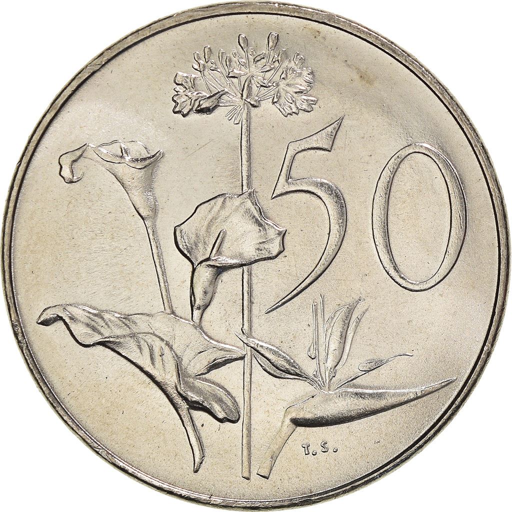 South Africa | 50 Cents Coin | Founder of Cape Town | Flowers | Lilies | Bird of Paradise | Km:70.1 | 1965 - 1969