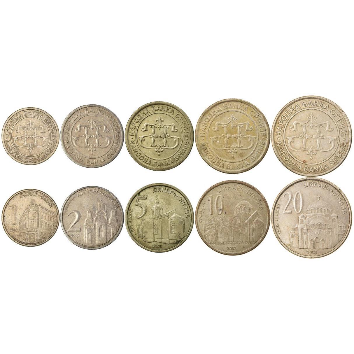 Set 5 Coins Serbia 1 2 5 10 20 Dinara 2003