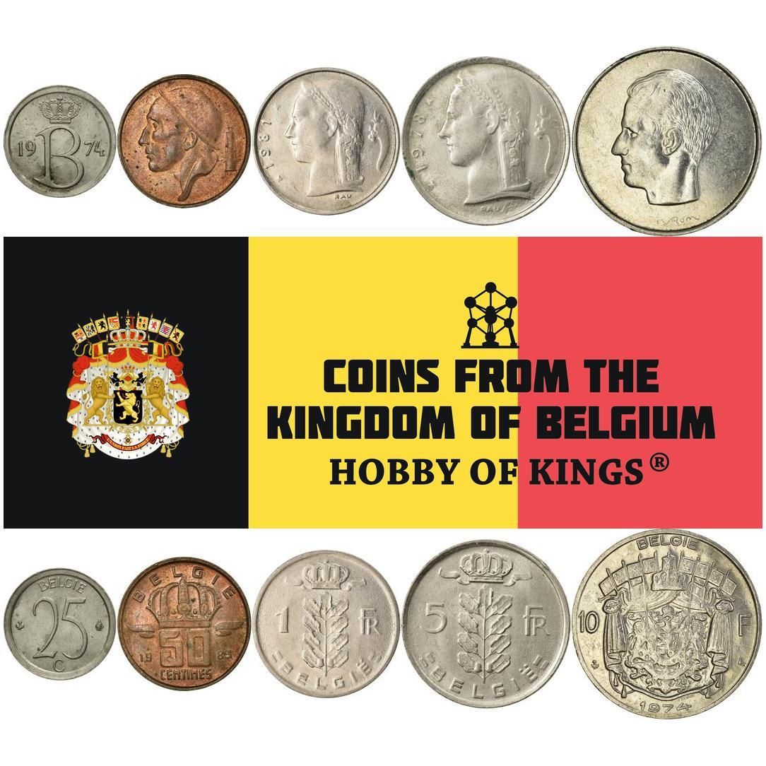 Belgium | 5 Coin Set | 25 50 Centimes 1 Franc 5 10 Francs | 1956 - 1988