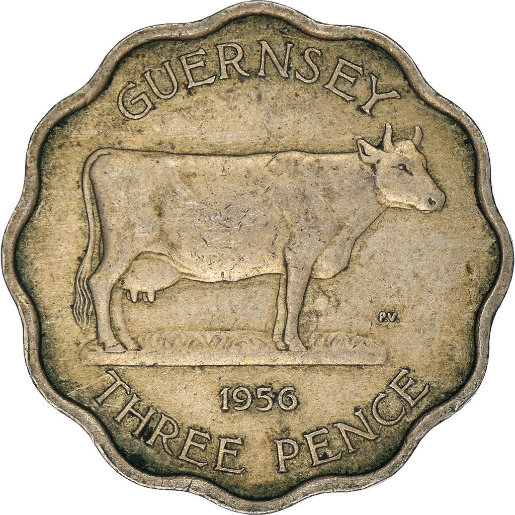 Guernsey 3 Pence Coin | Queen Elizabeth II | Guernsey Cattle | KM17 | 1956