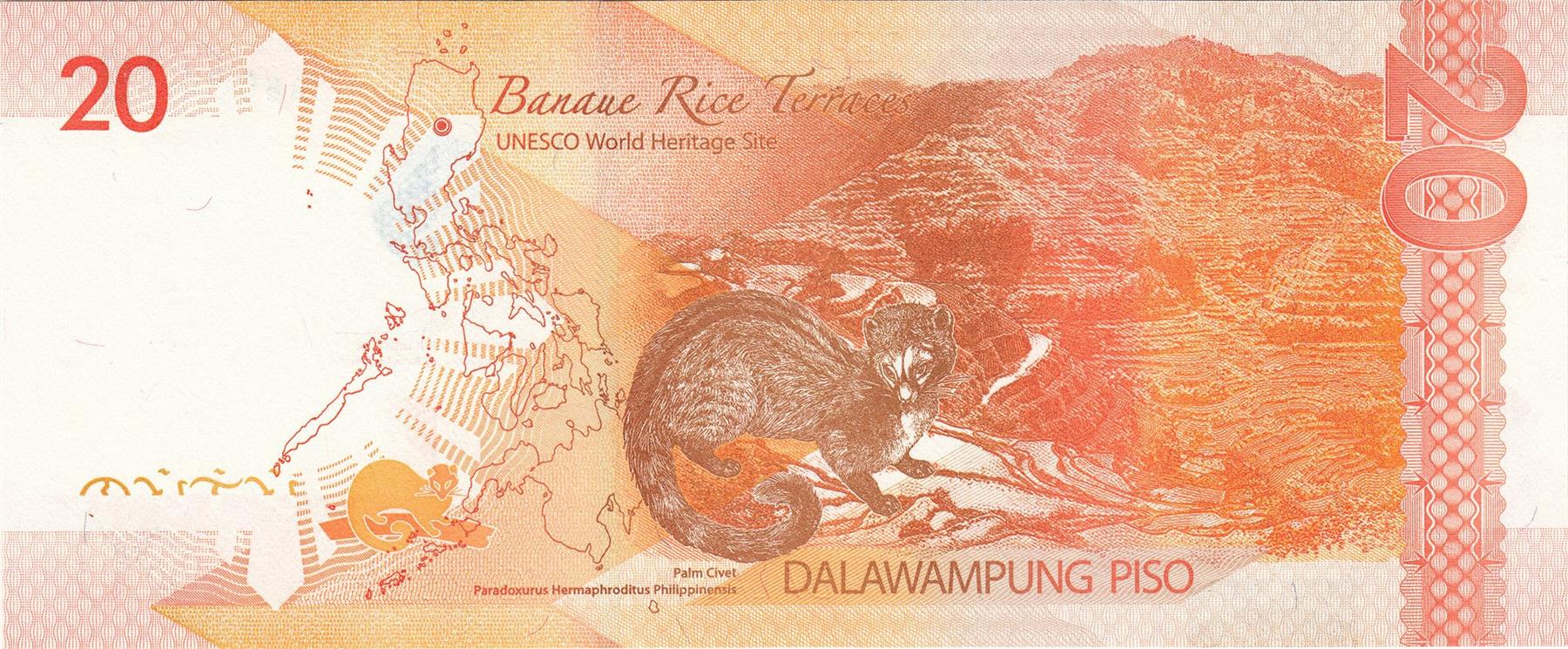 Philippines | 20 Piso Banknote | 2010 - 2022 | Manuel L. Quezon | Malacañan Palace | Banaue Rice Terrace