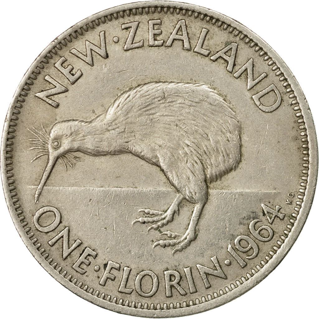 Moneta New Zealander 1 Florin | Królowa Elżbieta II | Ptak Kiwi | KM28 | 1953 - 1965