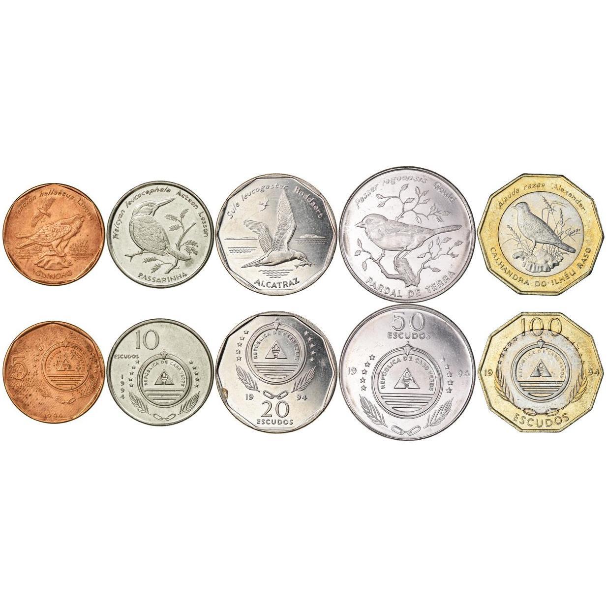 Capo Verde | Set di 5 monete commemorative | 5 10 20 50 100 Escudos | Uccelli | Falco pescatore | Martin pescatore | Sula | Passero | Allodola | 1994