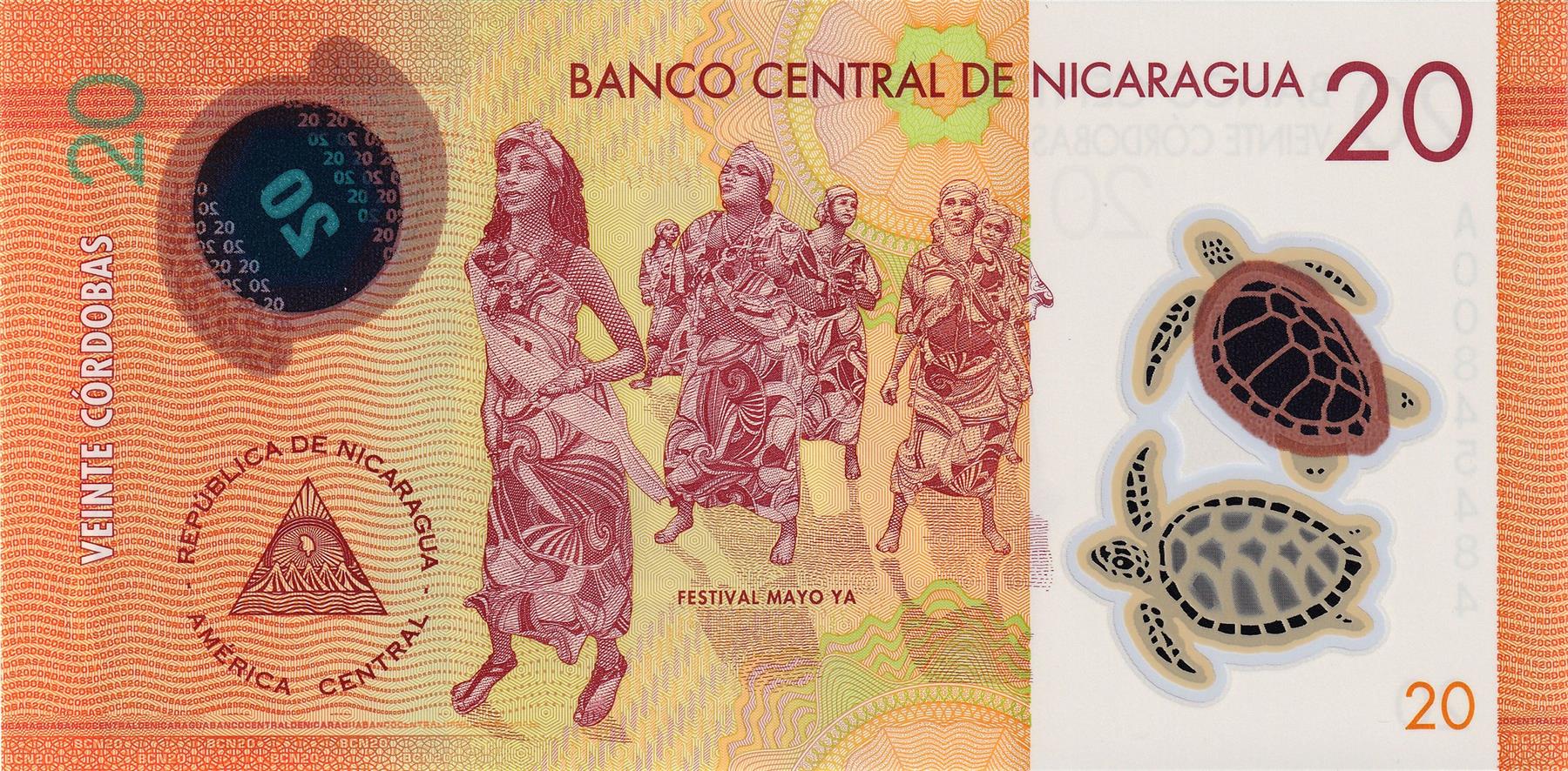 Nicaragua | 20 Cordobas Banknote | 2014 - 2022 | Iglesia Morava en Laguna de Perlas | Festival Maya Ya Dancers | Sea Turtles