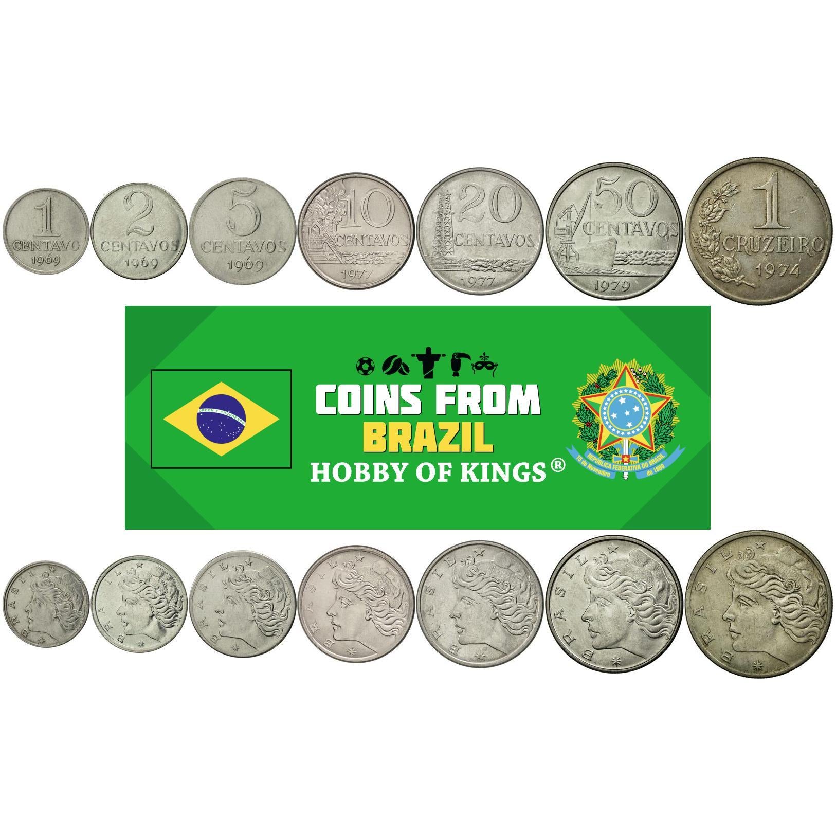 Set 7 Munten Brazilië 1 2 5 10 20 50 Centavos 1 Cruzeiros Braziliaanse Munteenheid 1969 - 1979