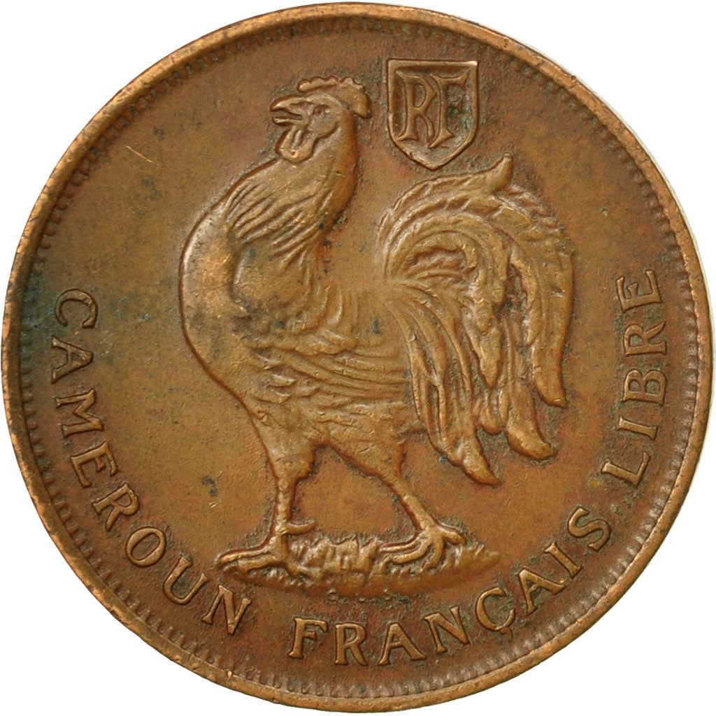 French Cameroon | 1 Franc Coin | Rooster | Lorraine Cross | Km:7 | 1943