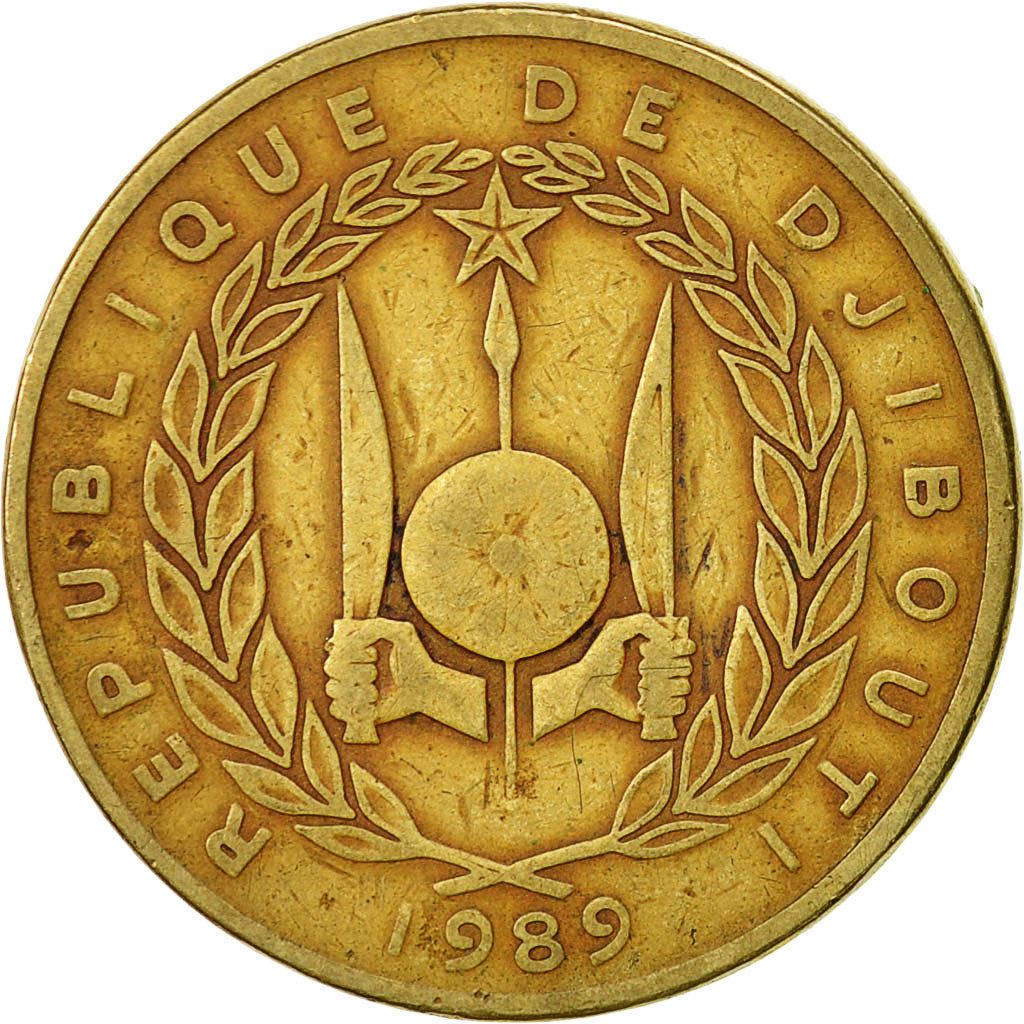 ジブチ | 500フラン硬貨 | ナイフ | 槍 | 盾 | 月桂冠 | Km:27 | 1989