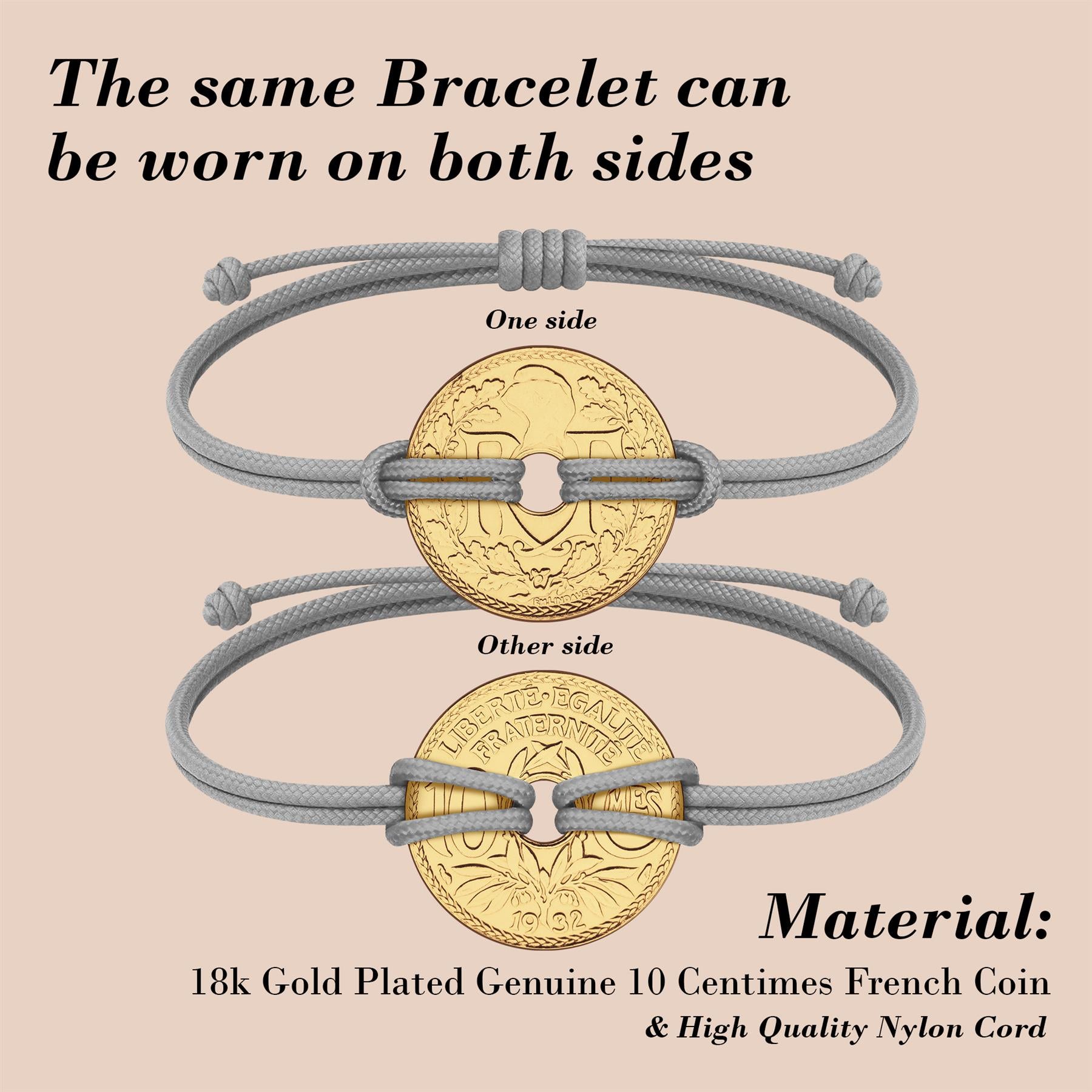 Good Luck Coin Bracelet | Gray String Thread Wristband | France Coin 10 Centimes | 18k Gold Plated Fortune Wealth & Protection