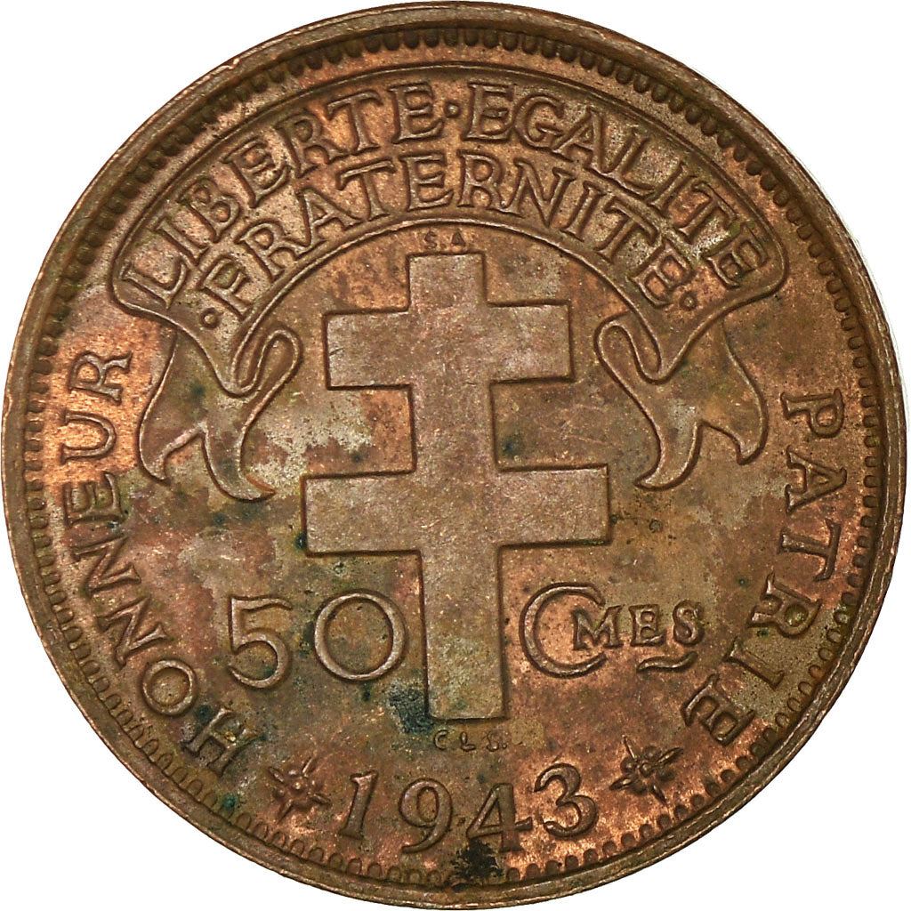 French Cameroon | 50 Centimes Coin | Rooster | Lorraine Cross | Km:6 | 1943