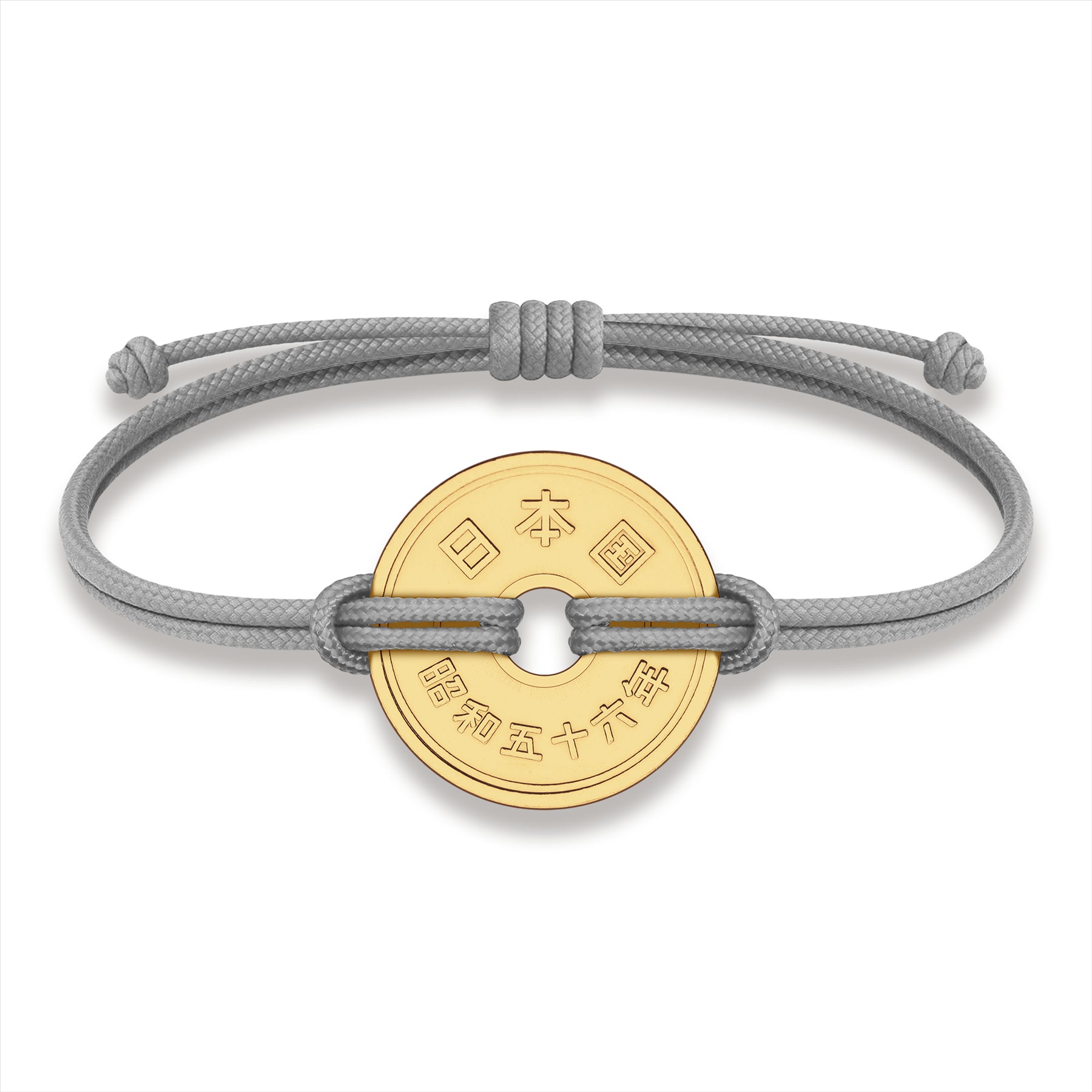 Good Luck Coin Bracelet | Gray String Thread Wristband | Japan Coin 5 Yen | 18k Gold Plated Fortune Wealth & Protection