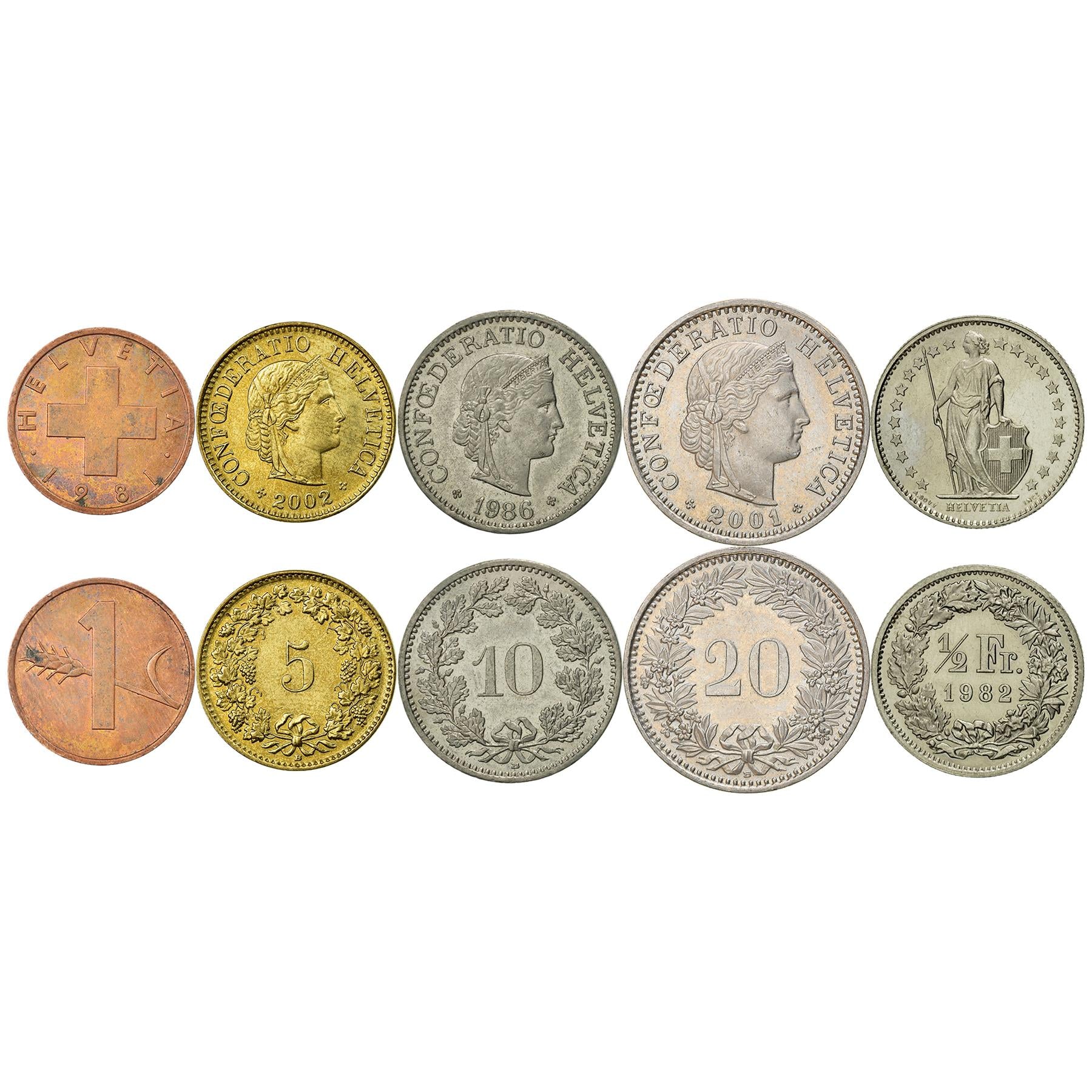 Swiss 5 Coin Set 1 5 10 20 Rappen 1/2 Franc | Wheat | Libertas | Helve