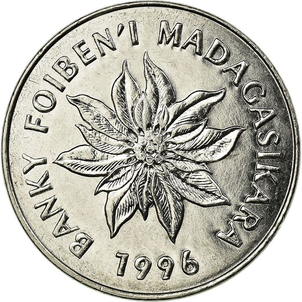 Madagascar | 5 Francs / 1 Ariary Coin | Flower | Zebu | Km:21 | 1996
