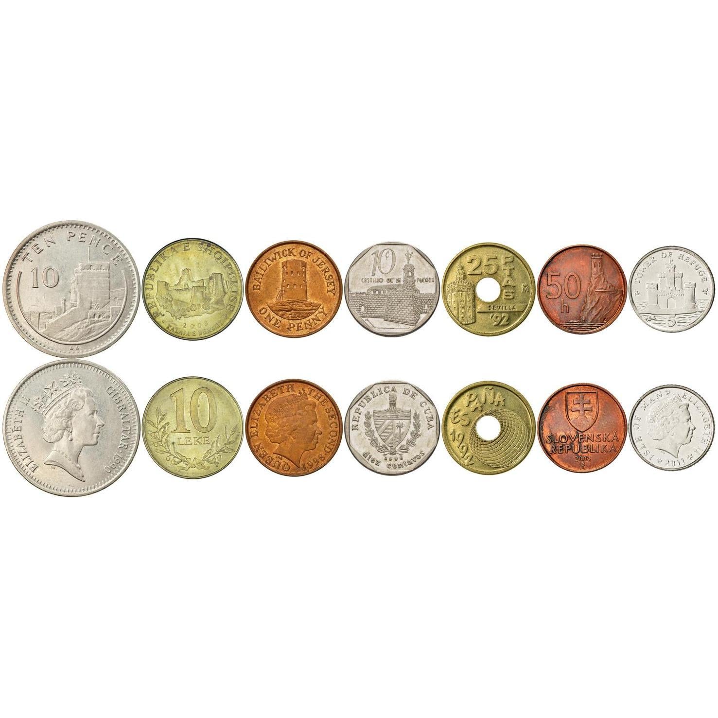 Set of 7 Coins with Fortifications | Forts | Castles | Towers | Albania, Spain, Slovakia, and more | Moorish Castle | Berat Castle | Torre del Oro | Collectible Coin Set