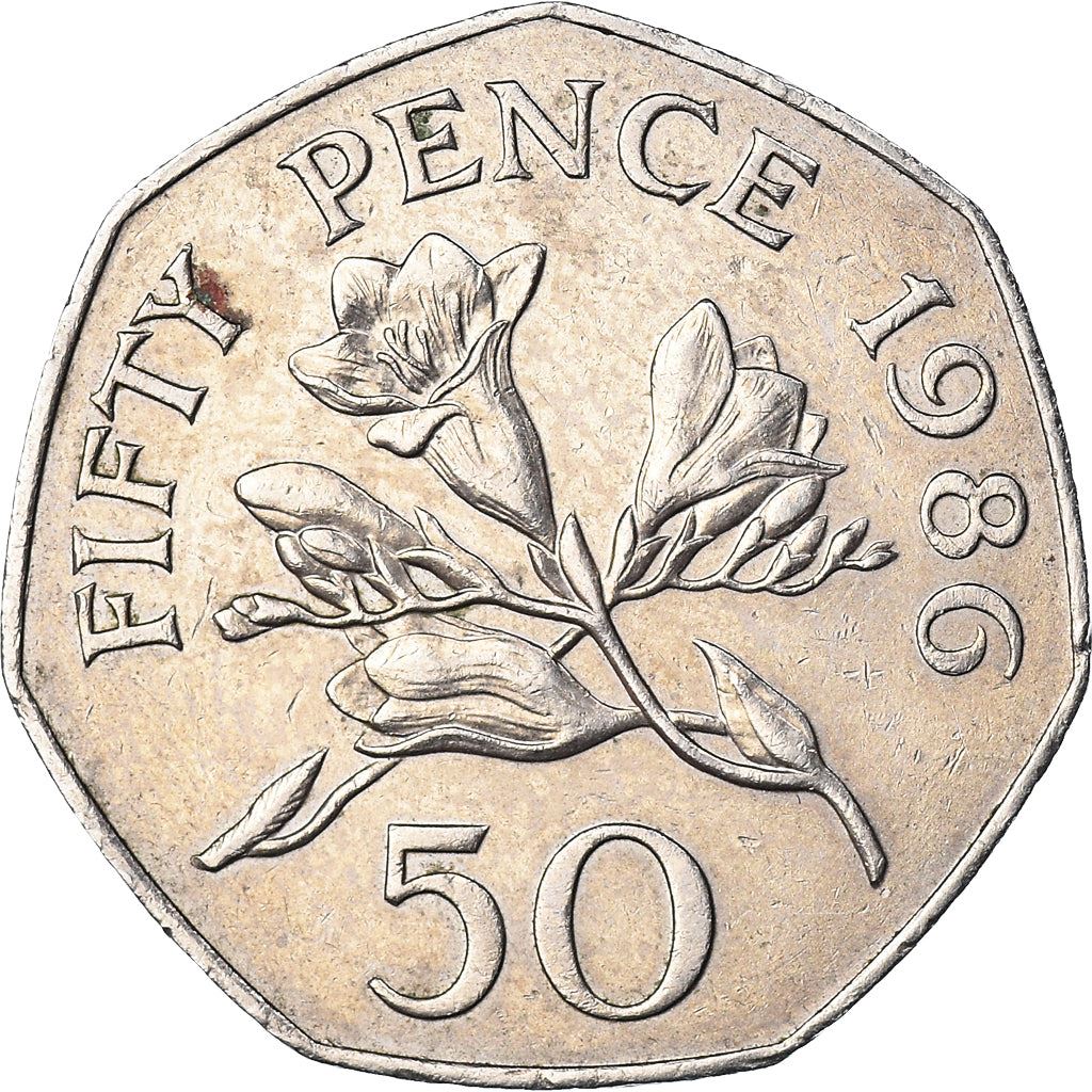 Guernsey | 50 Pence Coin | Queen Elizabeth II | Flower Freesia | KM45.1 | 1985 - 1997