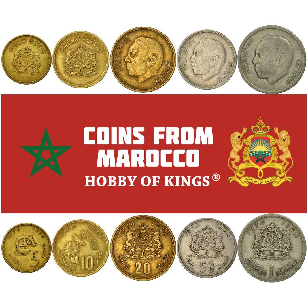 Morocco | 5 Coin Set | 5 10 20 50 Santimat 1 Dirham | 1974