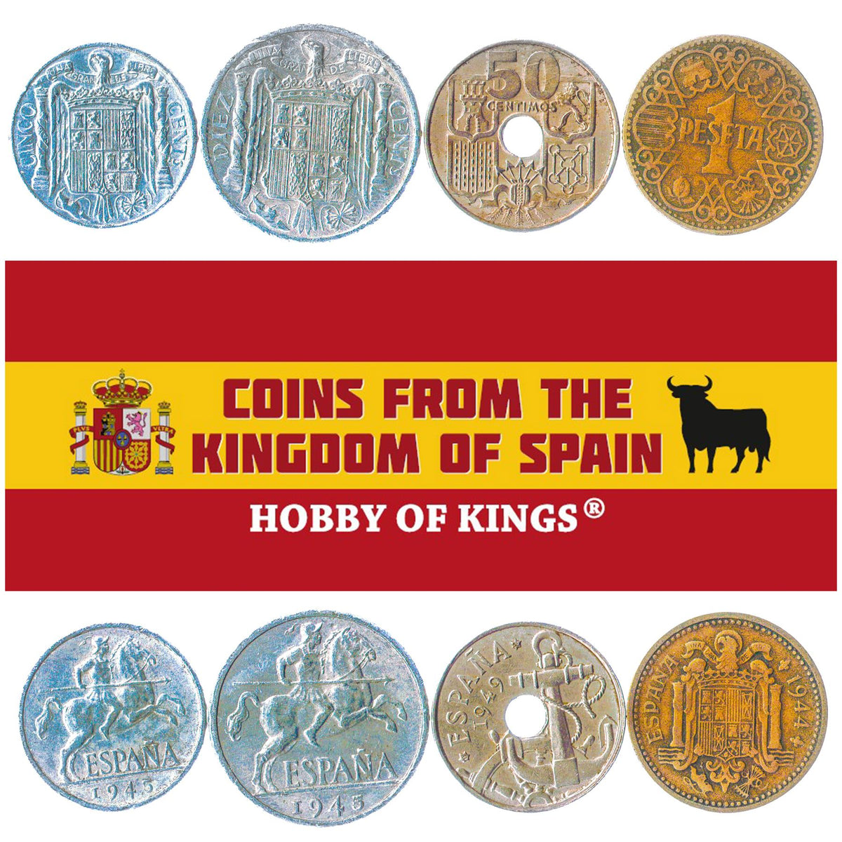 Spain | 4 Coin Set | 5 10 50 Centimos 1 Peseta | 1940 - 1965