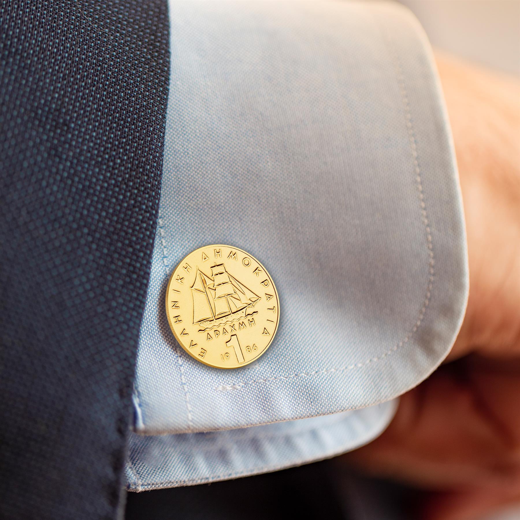 Gold Plated Greek 1 Drachma Coin Cufflinks | Ship Corvette Design | Nautical Men's Accessory