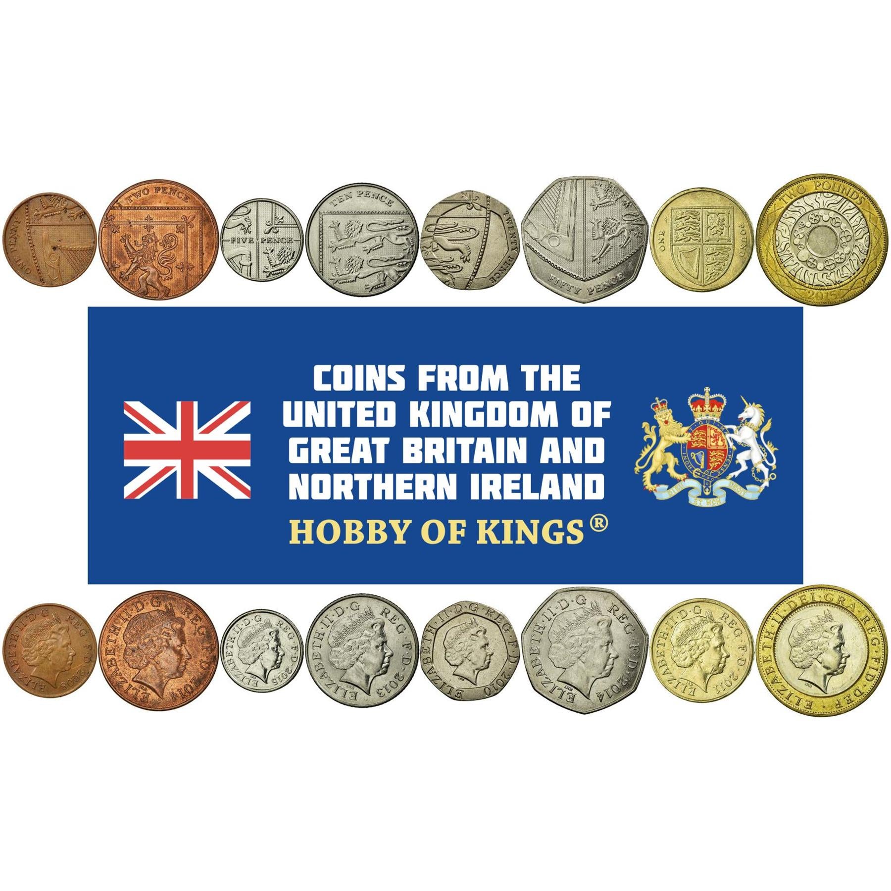 United Kingdom | 8 Coin Set | 1 Penny 2 5 10 20 50 Pence 1 Pound 2 Pounds | 2008 - 2015