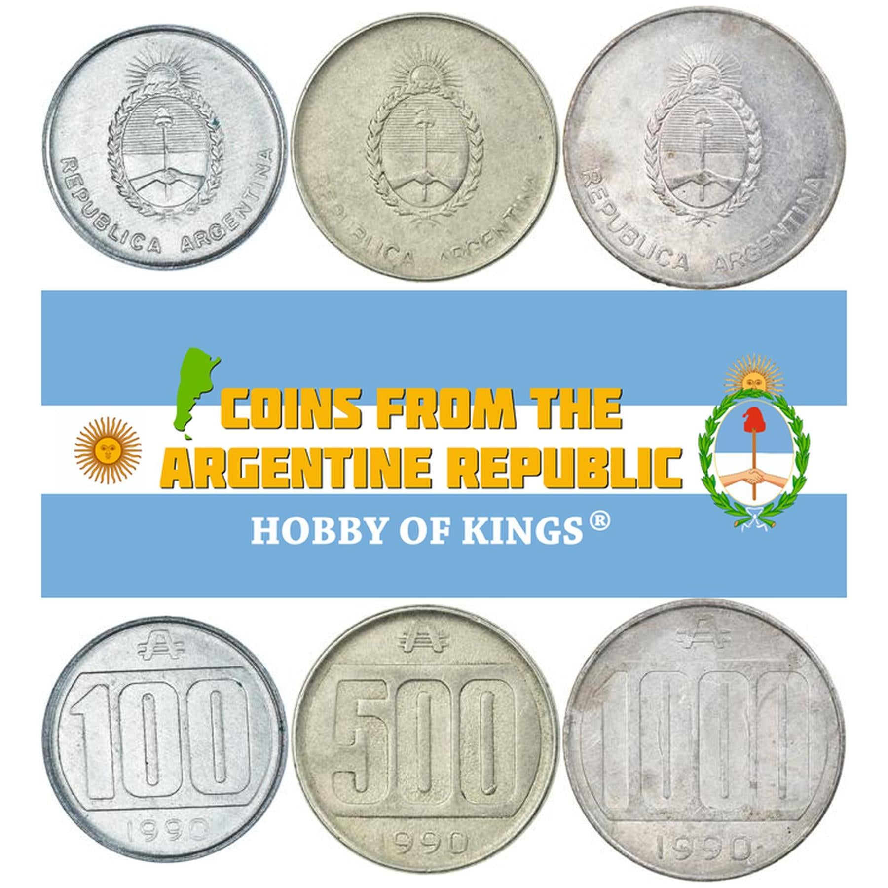 Argentine 3 Coin Set 100 500 1000 Australes | Laurel Wreath | 1990 - 1991