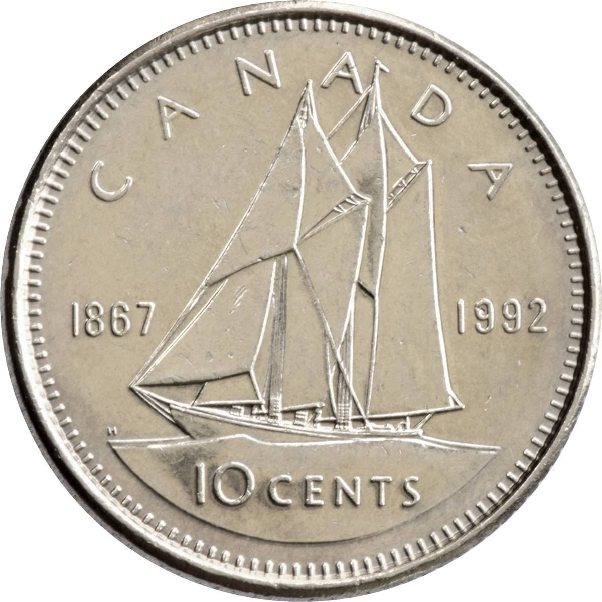 Canada 10 Cents Coin | Queen Elizabeth II | Bluenose Racing Ship | KM206 | 1992