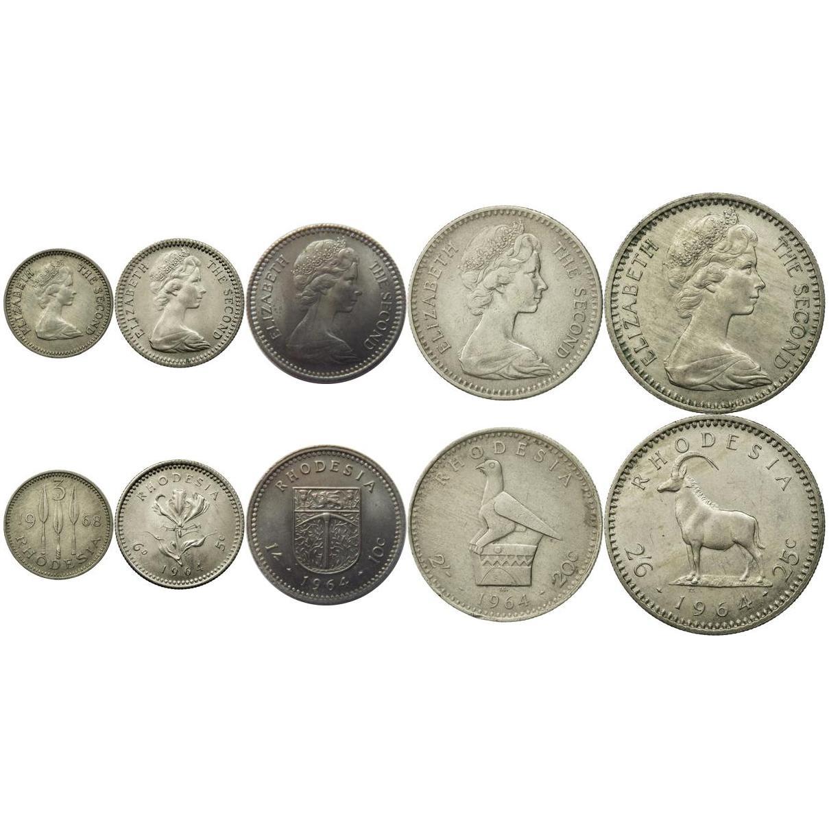 Rhodesia | 5 Coin Set | 3 Pence 6 Pence / 5 1 Shilling / 10 2 Shillings / 20 2.5 Shillings / 25 Cents | 1964 - 1968