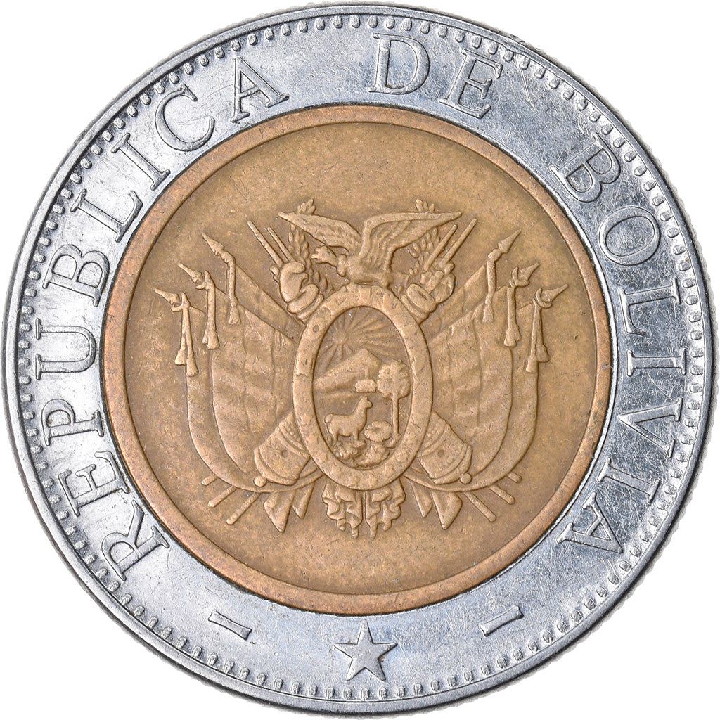 Bolivia | 5 Bolivianos Coin | Bimetallic | Coat of Arms | KM:212 | 2001-2004