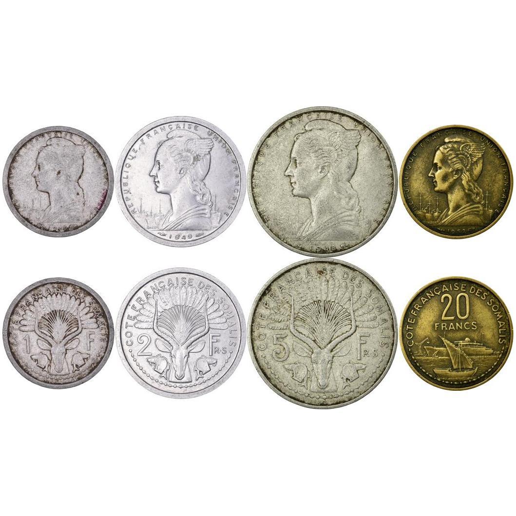 French Somaliland | 4 Coin Set | 1 Franc 2 5 20 Francs | 1948 - 1952