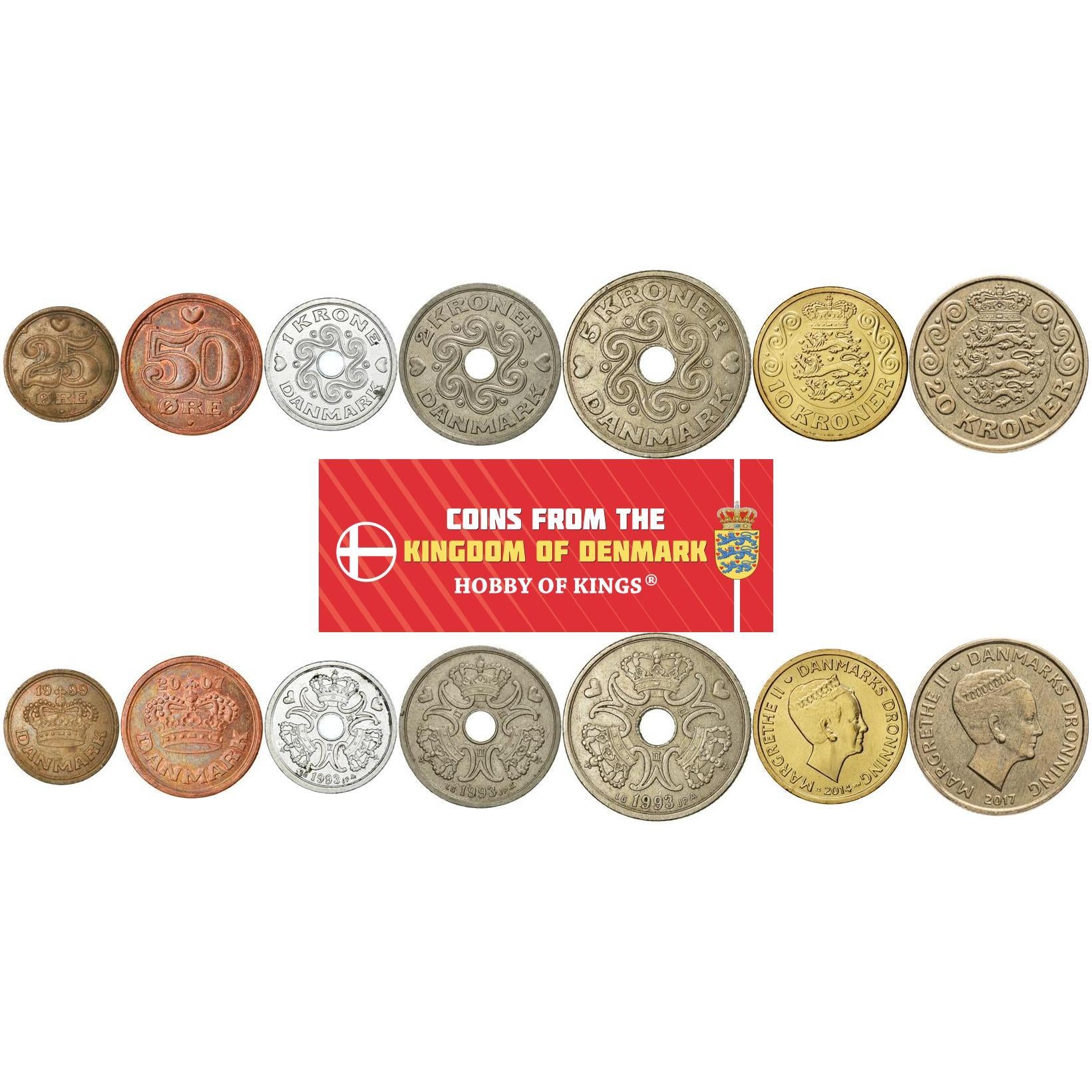 Denmark | 7 Coin Set | 25 50 Ore 1 Krone 2 5 10 20 Kroner | 1989 - 2021