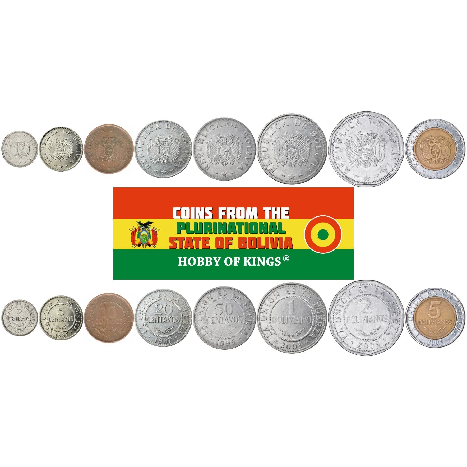 Bolivia | Set van 8 munten | 2, 5, 10, 20, 50 centavos, 1, 2, 5 bolivianos | 1987–2008