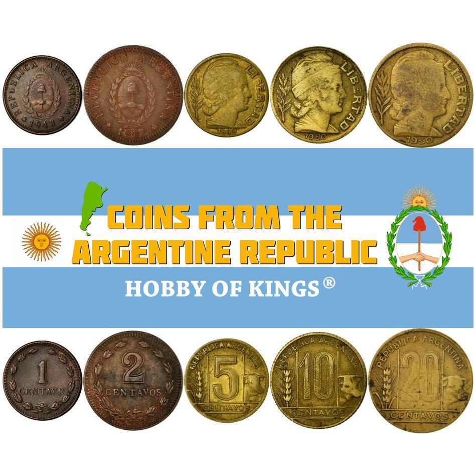 Argentine 5 Coin Set 1 2 5 10 20 Centavos | Bull | Marianne | 1939 - 1950