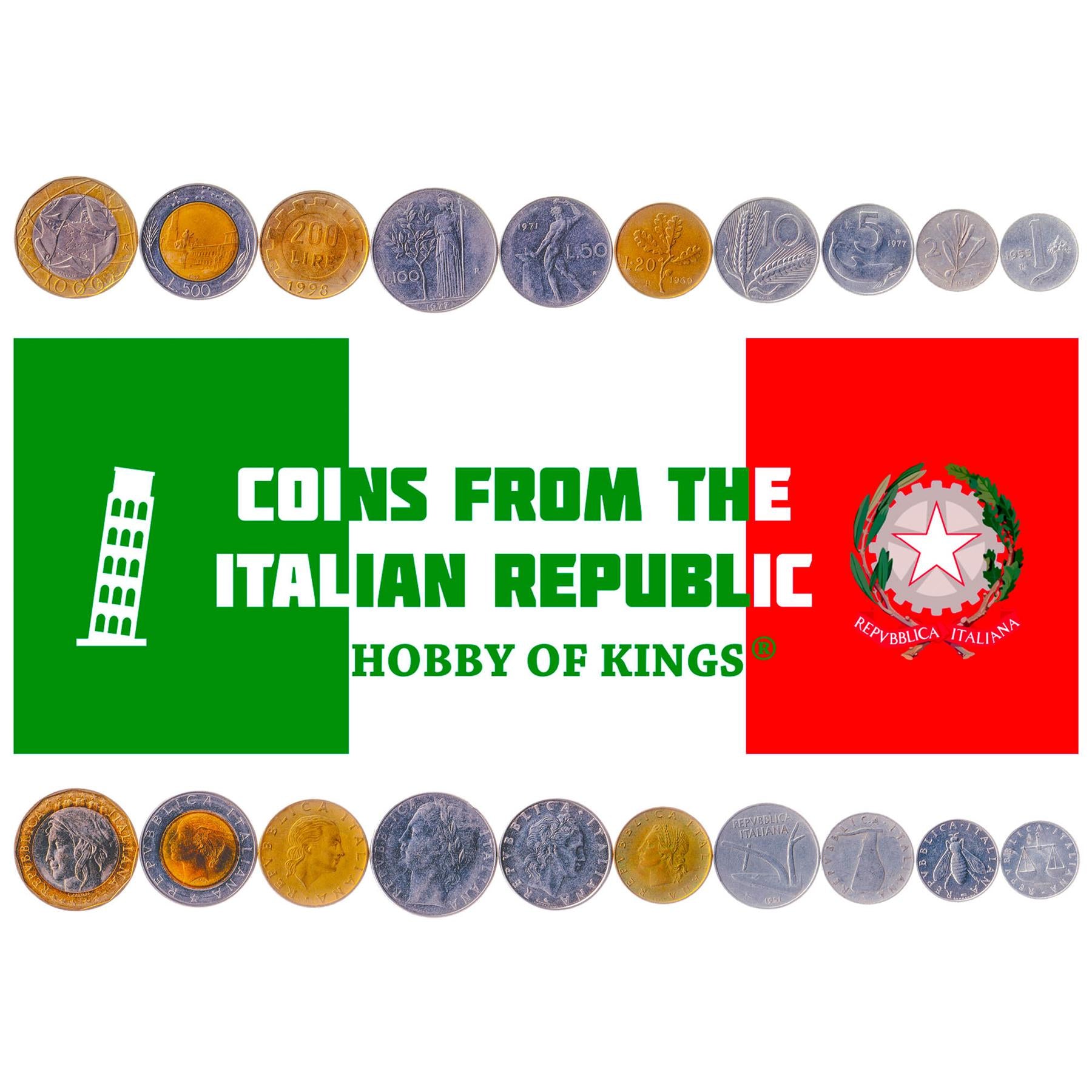 Italy | 10 Coin Set | 1 2 5 10 20 50 100 200 500 1000 Lira | 1951 - 2001