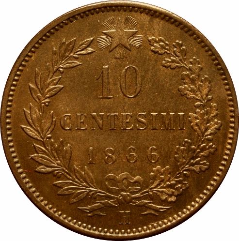 Italy 10 Centesimi Coin | Vittorio Emanuele II | Branch | Oak Laurel | Star | KM11 | 1862 - 1867