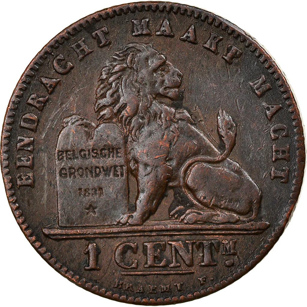Belgisk mynt 1 centime - Léopold II Belgia | Løve | Grunnlov | KM34 | 1887 - 1907