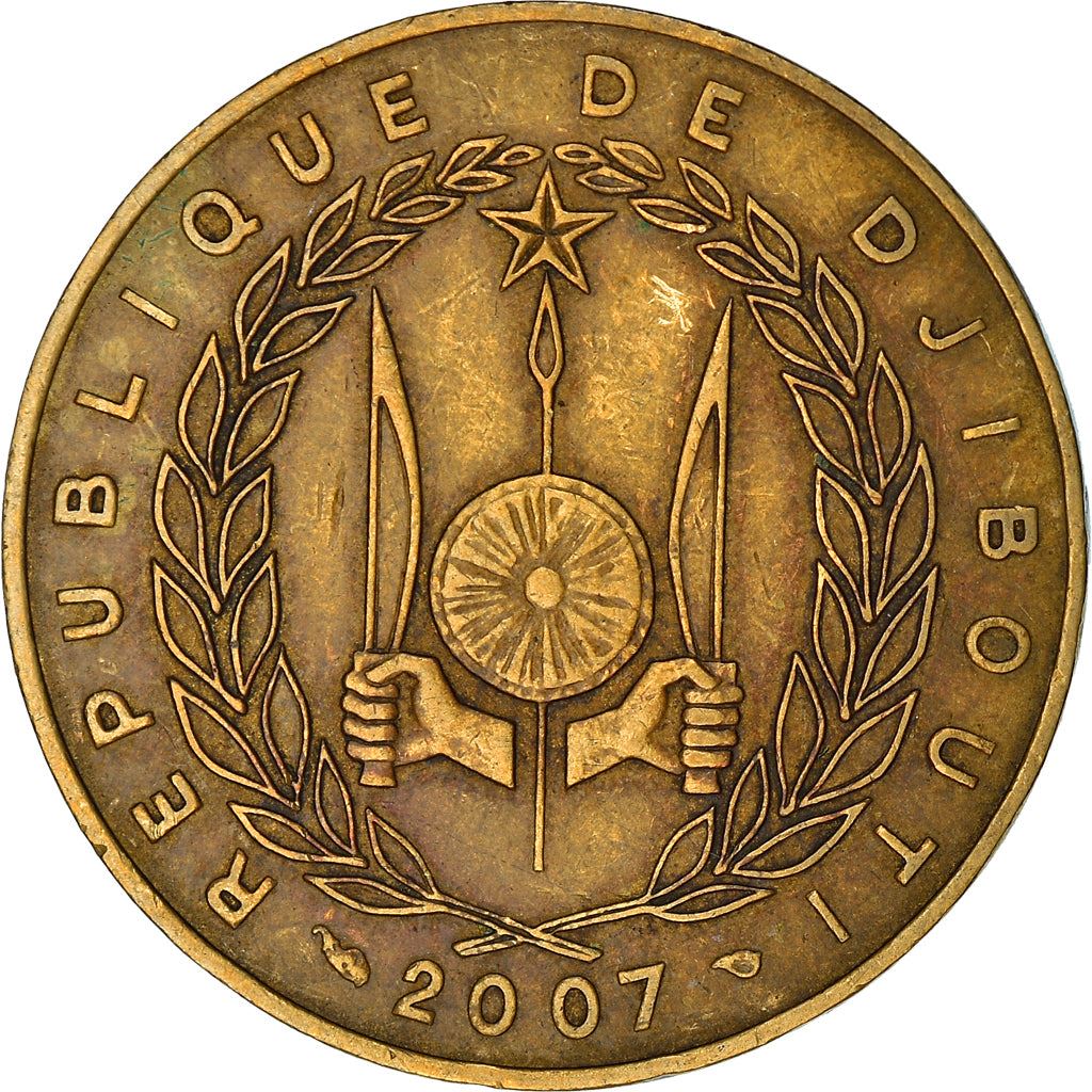 Djibouti | 20 Francs Coin | Knife | Spear | Shield | Dhow | Ocean Liner | Km:24 | 1977 - 2017