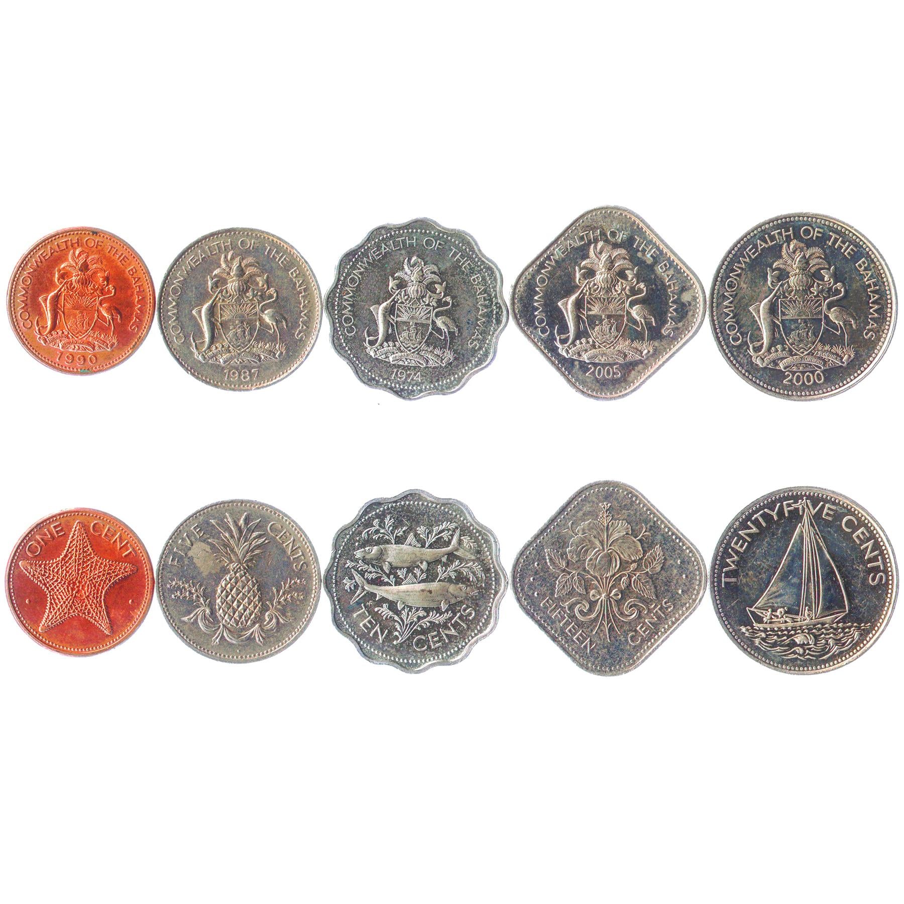 Bahamian 5 Coin Set 1 5 10 25 15 Cents | Pineapple | Strfish | Marlin