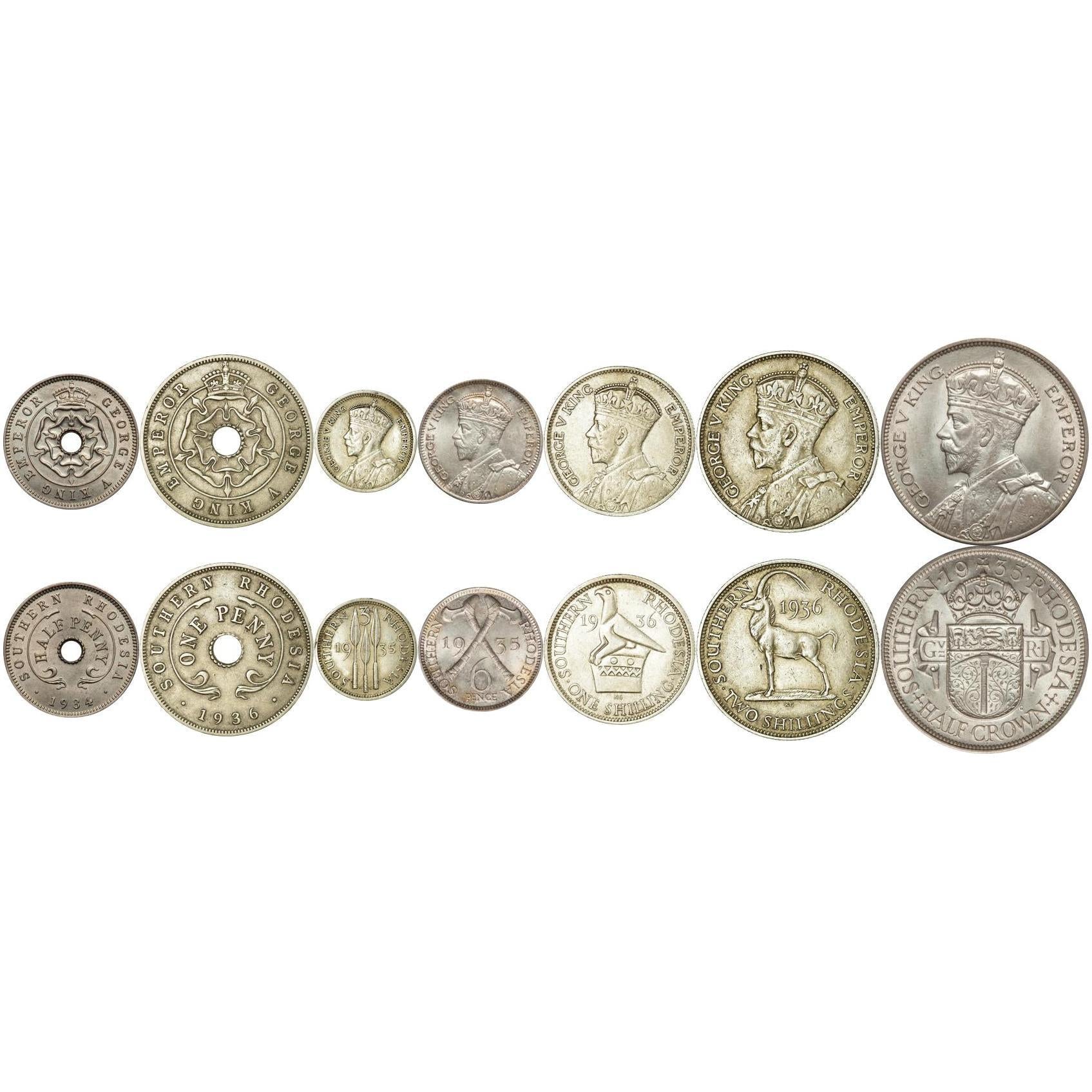 Southern Rhodesia | 7 Coin Set | 1/2 1 Penny 3 6 Pence 1 Shilling 2 Shillings 1/2 Crown | 1932 - 1936