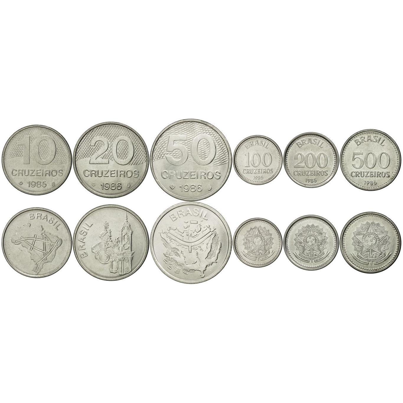 Set 6 Munten Brazilië 10 20 50 100 200 500 Cruzeiros Braziliaanse Munteenheid 1985 - 1986
