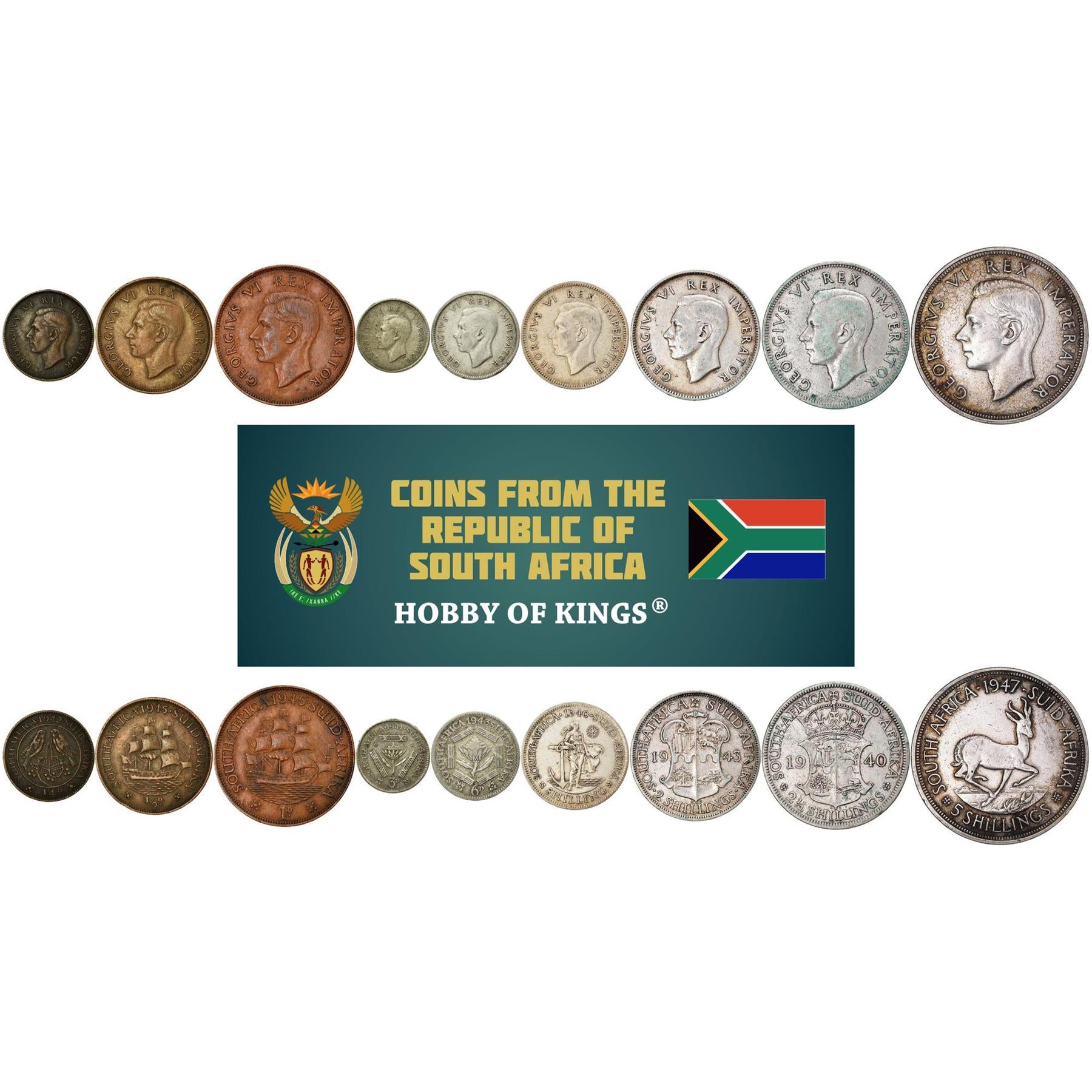 South Africa | 9 Coin Set | 1/4 1/2 1 Penny 3 6 Pence 1 Shilling 2 2 1