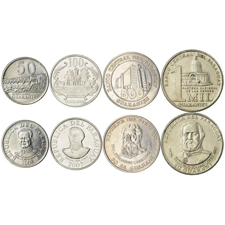 Conjunto de 4 Moedas Paraguaias Moeda Sul-Americana 50 100 500 1000 Guaranis 2006 - 2018