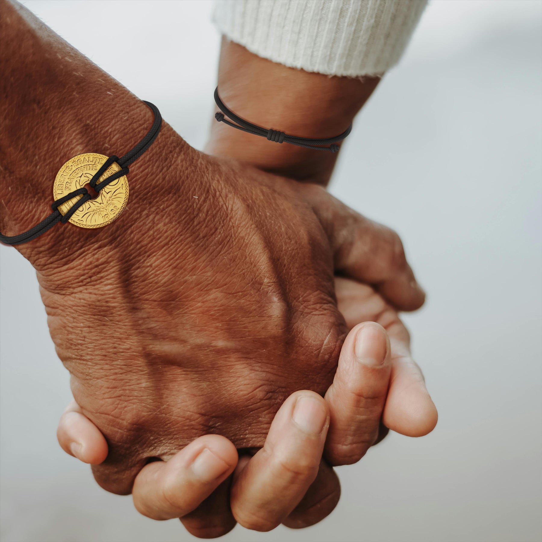 Good Luck Coin Bracelet | Black String Thread Wristband | France Coin 10 Centimes | 18k Gold Plated Fortune Wealth & Protection