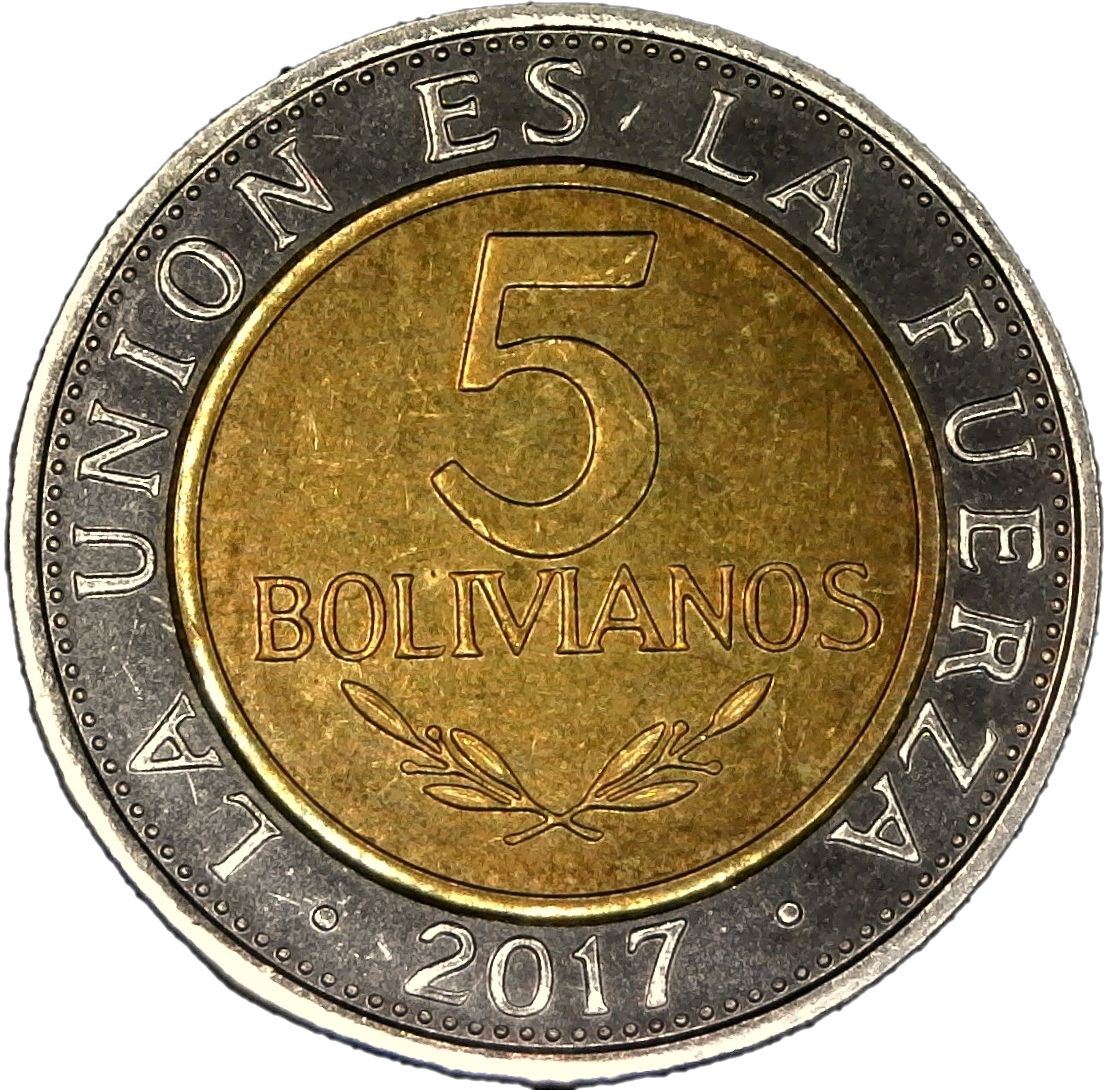 Bolivia | 5 boliviano-mønt | Bimetallisk | Fugl | Flag | Våbenskjold | Skydevåben | KM:224 | 2017