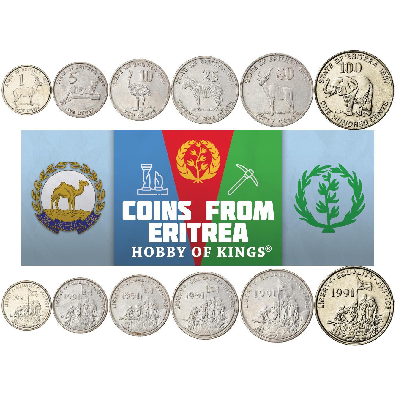 Eritrea | Set med 6 mynt | 1 Cent 5 10 25 50 100 Cent | 1997