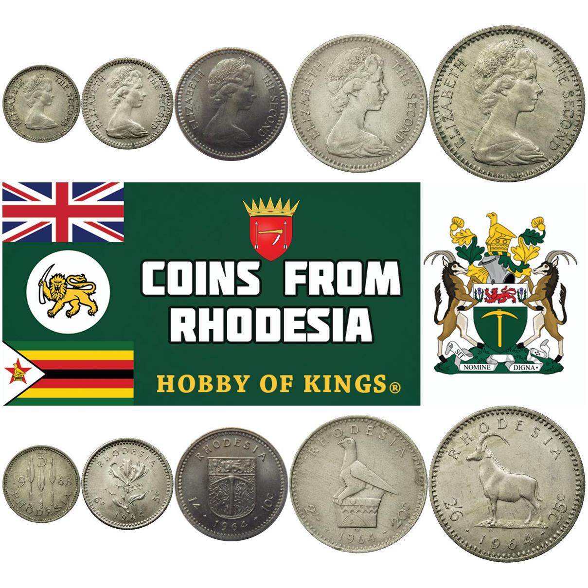 Rhodesia | 5 Coin Set | 3 Pence 6 Pence / 5 1 Shilling / 10 2 Shillings / 20 2.5 Shillings / 25 Cents | 1964 - 1968