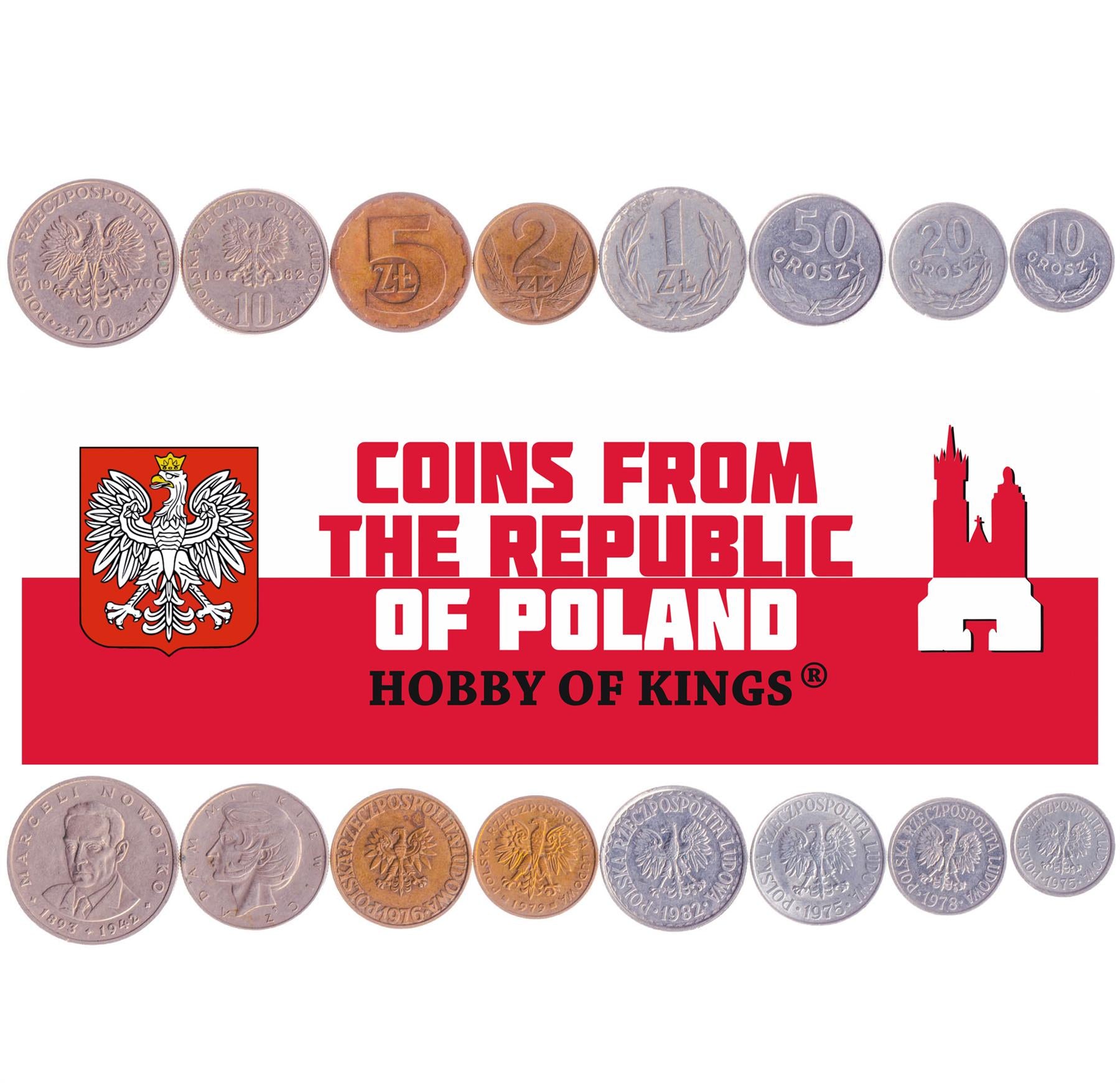 Poland | 8 Coin Set | 10 20 50 Groszy 1 Zloty 2 5 10 20 Zlotys | 1975 - 1985