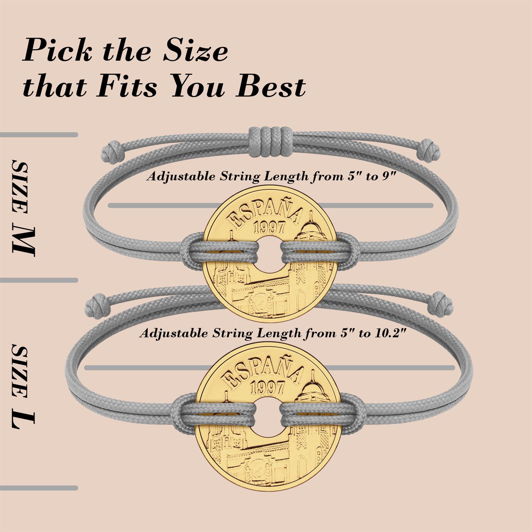 Good Luck Coin Bracelet | Gray String Thread Wristband | Spanish 25 Pesetas 1997 | 18k Gold Plated Fortune Wealth & Protection