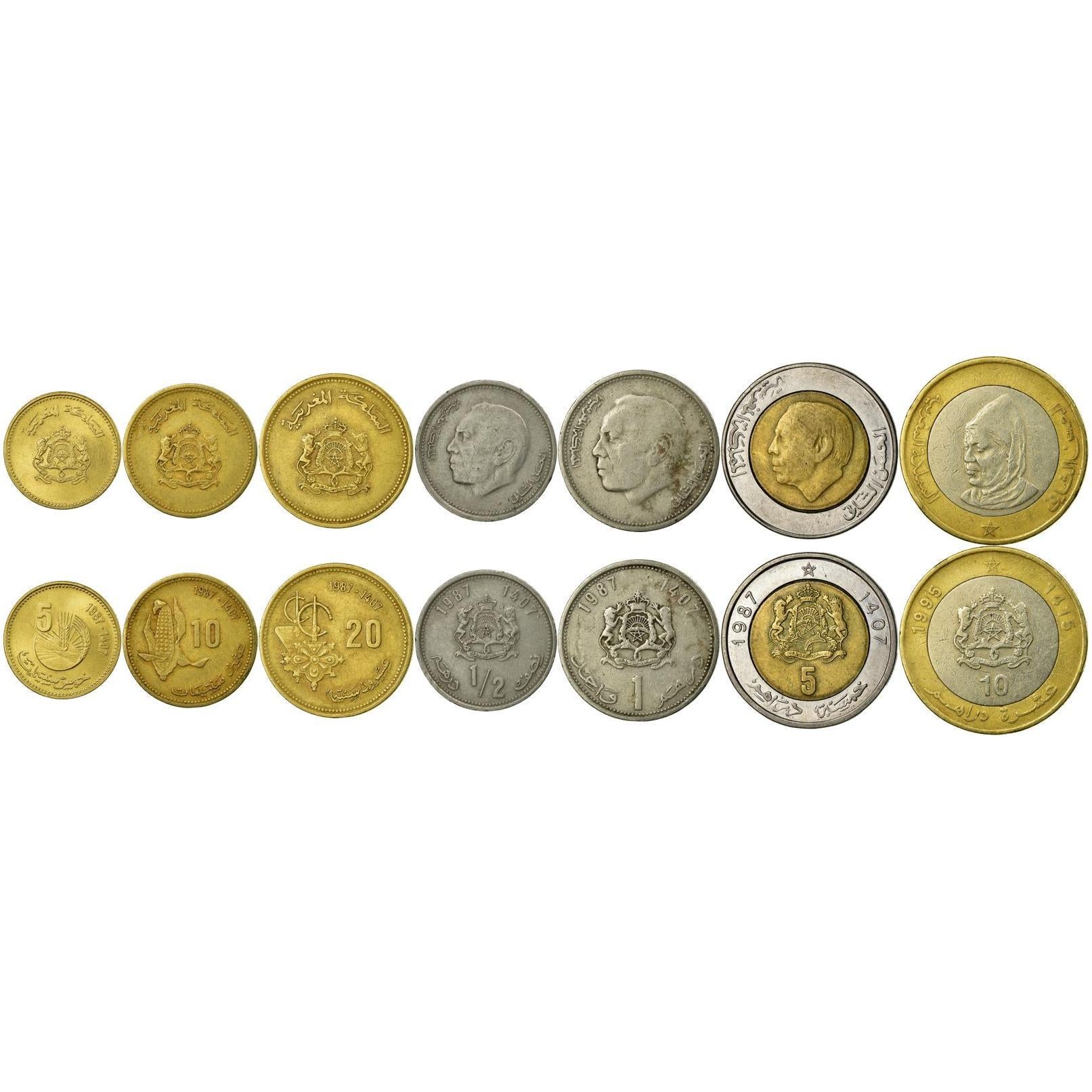 Set 7 Coins Morocco 5 10 20 Santimat 1/2 1 5 10 Dirham 1987 - 1995