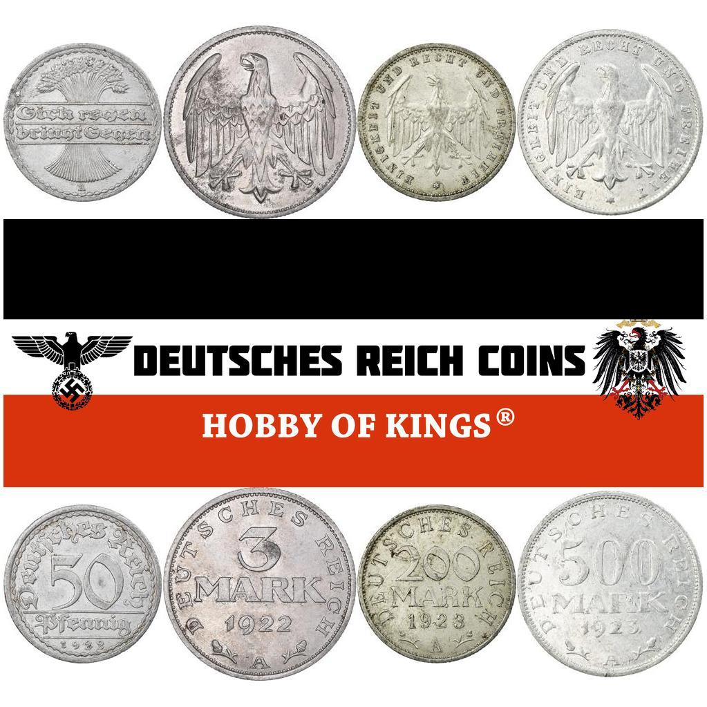 Tyska riket 4 myntset 50 Pfennig 3 200 500 Mark | Kejserlig örn | Weimarrepubliken | 1919 - 1923