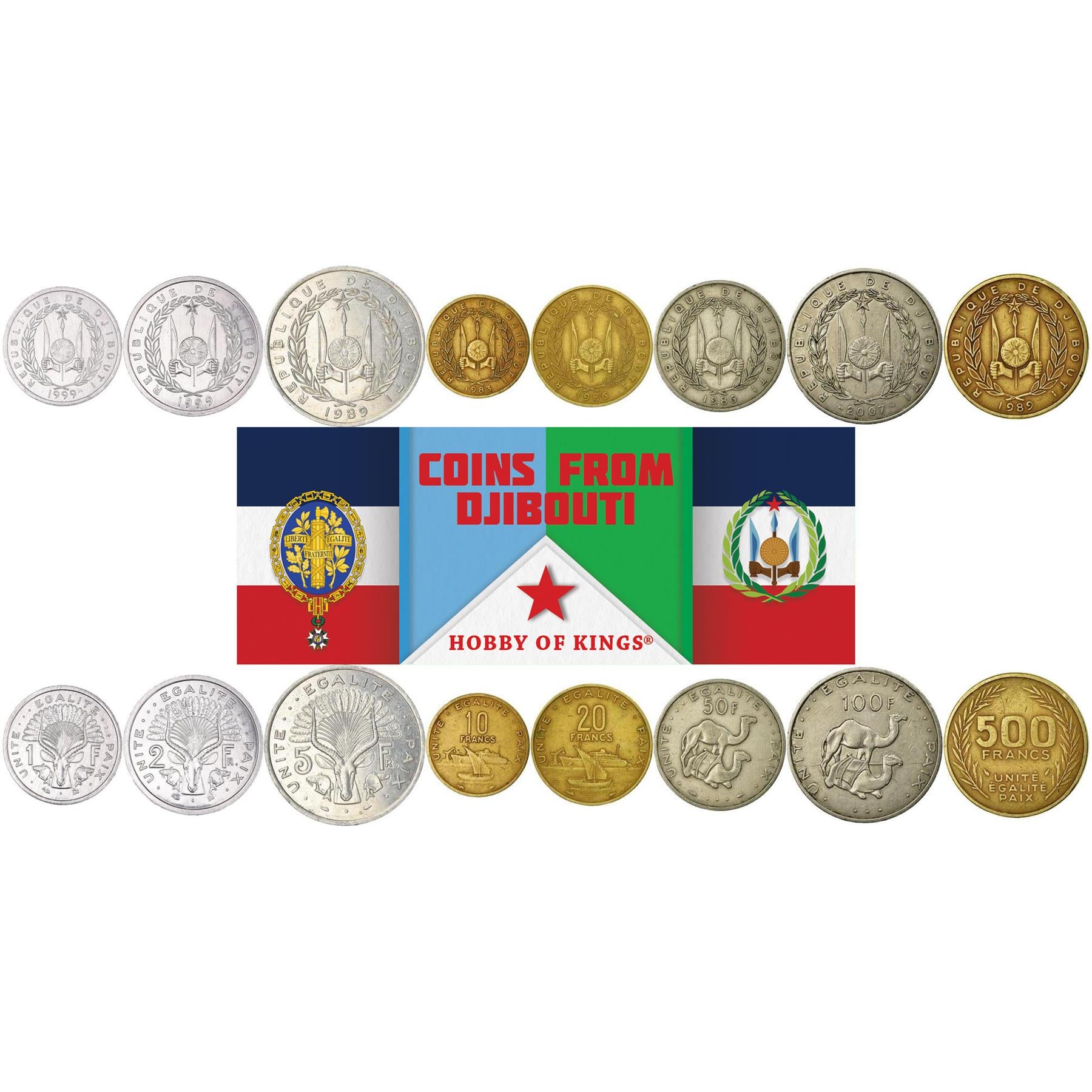 Djibouti | 8 Coin Set | 1 Franc 2 5 10 20 50 100 500 Francs | 1977 - 2017