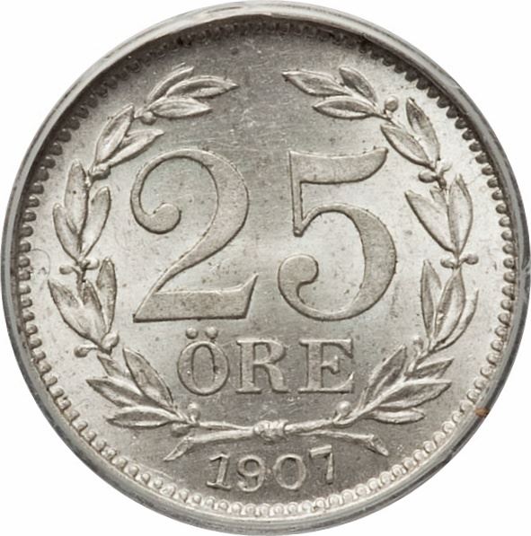 Sweden | 25 Ore Coin | King Oscar II | 1907